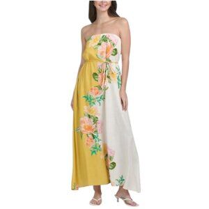 WHITE CLOSET Linen Blend Colorblock Floral Maxi Dress